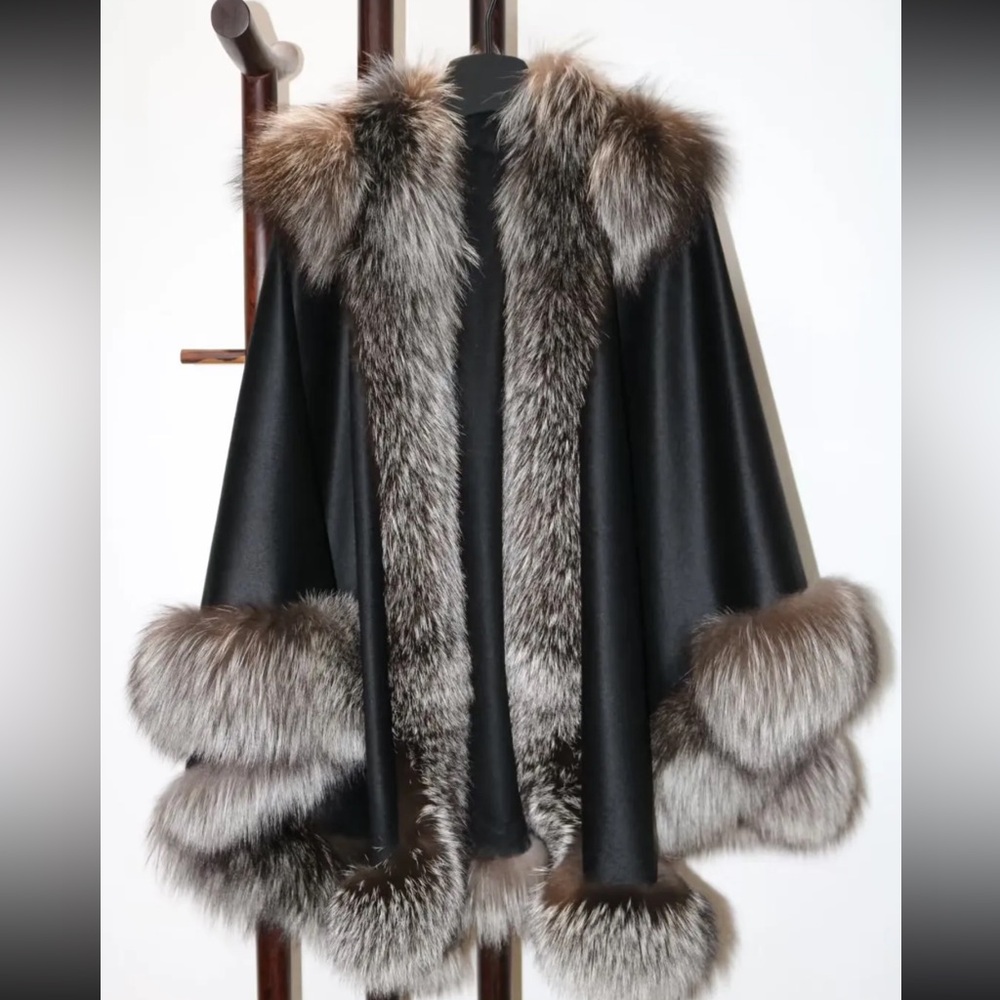 Black Cape with Silver Fox Fur Trim - Luxury Women's Coat